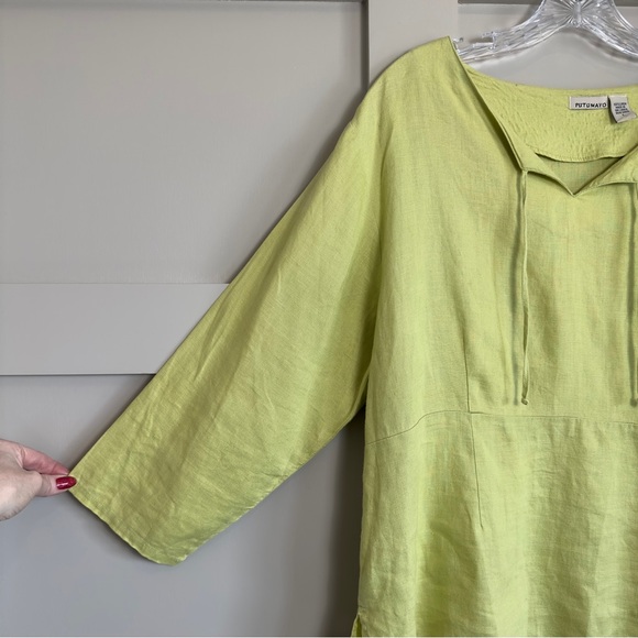 Putumayo 100% Linen Tailored V-Neck Blouse Chartreuse Women’s Size Large - Picture 2 of 11